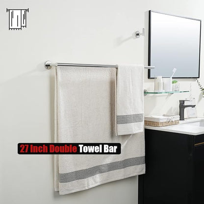 JQK Double Bath Towel Bar, 30 Inch 304 Stainless Steel Thicken 0.8mm Towel Rack for Bathroom, Towel Holder Polished Chrome Wall Mount, Useable Length 27 Inch, TB100L27-CH