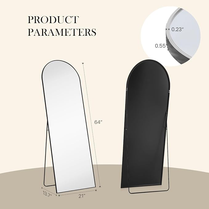 NEWBULIG Arched Full Length Floor Mirror 64"x21", Body Standing Mirror | Wall Hanging or Leaning, Shatter-Proof Glass, Aluminum Alloy Frame with Stand, Home Decor Bedroom, Black
