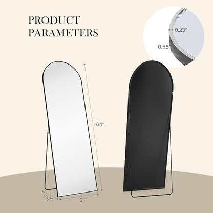 NEWBULIG Arched Full Length Floor Mirror 64"x21", Body Standing Mirror | Wall Hanging or Leaning, Shatter-Proof Glass, Aluminum Alloy Frame with Stand, Home Decor Bedroom, Black