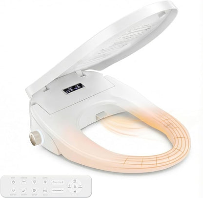 Smart Heated Toilet Seat for Short V-Shaped Toilets – Bidet Warm Water Wash, Self-Cleaning Nozzle, Warm Air Dryer, Deodorizer, Soft-Close Lid, LED Night Light & Remote Control, Easy Install