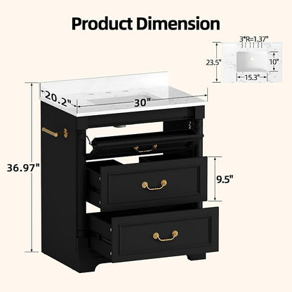YESHOMY 30" Bathroom Vanity with Sink, Marble-Look Countertop, Deep Black | Freestanding Storage Cabinet with Ceramic Basin, Tilt-Out Drawer and Additional Drawers for Bathroom