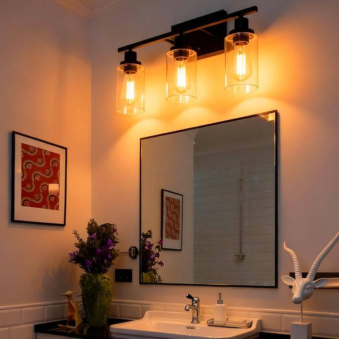 MELUCEE Bathroom Vanity Light Fixtures 3 Lights Black with Clear Glass | Metal Wall Sconce for Bedroom Living Room Hallway Kitchen (Patent No.: US D963914 S) 20.5 Inch