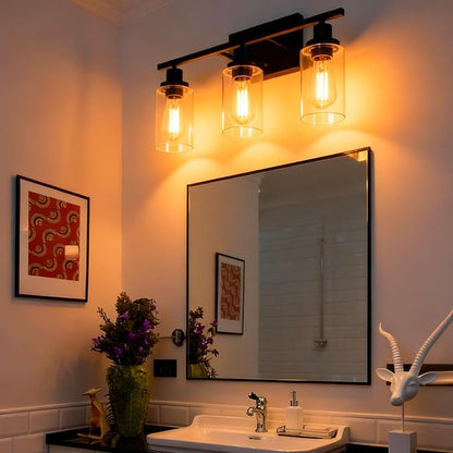 MELUCEE Bathroom Vanity Light Fixtures 3 Lights Black with Clear Glass | Metal Wall Sconce for Bedroom Living Room Hallway Kitchen (Patent No.: US D963914 S) 20.5 Inch
