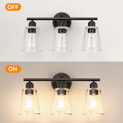 TALOYA 19 Inch Brushed Black Bathroom Light Fixtures with Thickend Clear Tapered Glass Shade, 3-Light Modern Vanity Light Over Mirror for Bathrooms, Bedrooms (Bulbs Not Included)