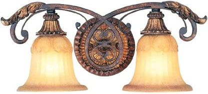 Livex Lighting 8552-63 Villa Verona 2 Light Verona Bronze Finish Vanity Bath with Aged Gold Leaf Accents and Rustic Art Glass