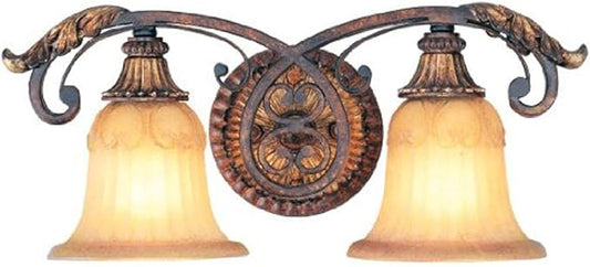 Livex Lighting 8552-63 Villa Verona 2 Light Verona Bronze Finish Vanity Bath with Aged Gold Leaf Accents and Rustic Art Glass
