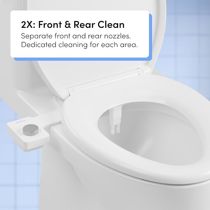 TUSHY Fresh Dual Nozzle Cool Water Bidet, Matte Silver Knob | Ultra Slim Toilet Seat Attachment, Non-Electric, 180° Front and Rear Wash, Self-Cleaning, 10 Minute DIY Install