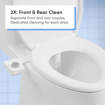 TUSHY Fresh Dual Nozzle Cool Water Bidet, Matte Silver Knob | Ultra Slim Toilet Seat Attachment, Non-Electric, 180° Front and Rear Wash, Self-Cleaning, 10 Minute DIY Install