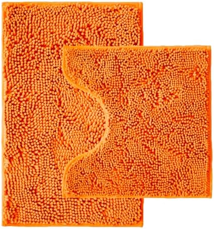 Bathroom Rugs Sets 2 Piece,Super Absorbent Chenille Bath Mats and U-Shaped Toilet Rug,Strong PVC Non Slip Backing,Microfiber Washable Dry Quickly Bath Mats for Bathroom(20"x32"+20"x20"U, Orange)