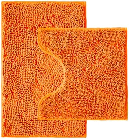 Bathroom Rugs Sets 2 Piece,Super Absorbent Chenille Bath Mats and U-Shaped Toilet Rug,Strong PVC Non Slip Backing,Microfiber Washable Dry Quickly Bath Mats for Bathroom(20"x32"+20"x20"U, Orange)