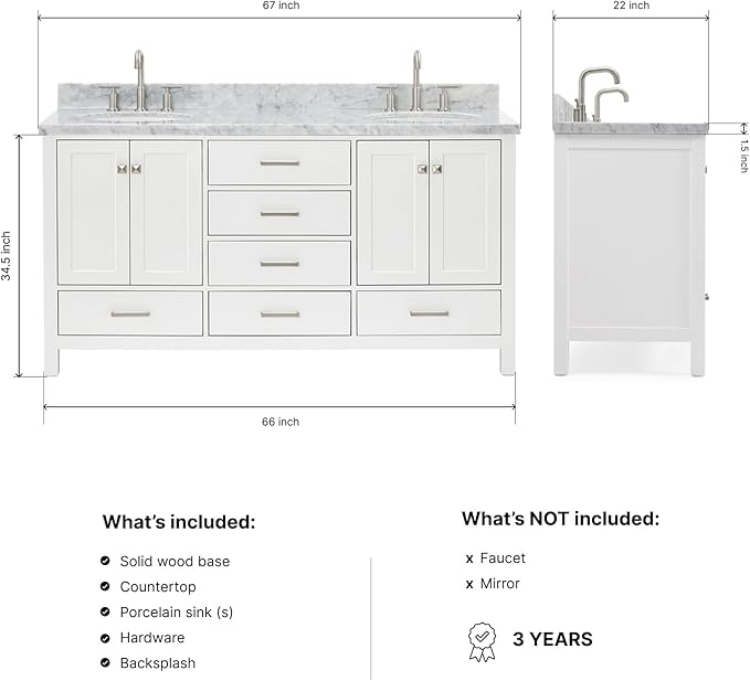 ARIEL Cambridge 66-inch Bathroom Vanity with Sink,Solid Wood, 1.5-inch Italian Carrara Marble Countertop & Backsplash, Double Oval Porcelain Sink, 4 Soft Closing Doors, 6 Dovetail Drawers, White