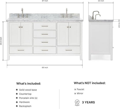 ARIEL Cambridge 66-inch Bathroom Vanity with Sink,Solid Wood, 1.5-inch Italian Carrara Marble Countertop & Backsplash, Double Oval Porcelain Sink, 4 Soft Closing Doors, 6 Dovetail Drawers, White