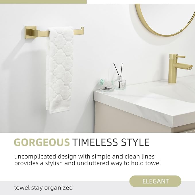 Angle Simple Hand Towel Holder Brushed Gold, Bathroom Towel Bar Wall Mount | Light Gold Tone, 10.24 Inches, Solid SUS304 Stainless Steel, Handy Open Sided Design for Laundry Kitchen Shower Vanity Sink