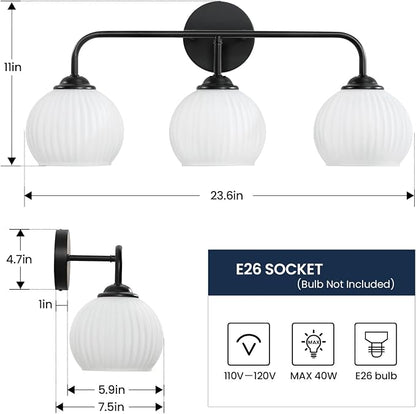 RUIYEY Bathroom Vanity Light Fixtures: 3-Light Lantern Black Vanity Lights for Bathroom Over Mirror, Farmhouse Wall Sconce Lighting with Frosted Milky Glass for Kitchen (Exclude Bulb)