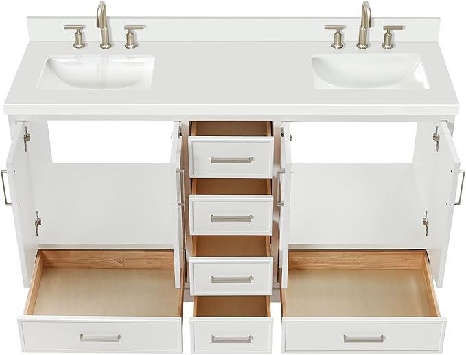 ARIEL Stafford 60-inch Bathroom Vanity with Sink,Solid Wood, 1.5-inch Pure White Quartz Countertop & Backsplash, Double Rectangular Porcelain Sink, 4 Soft Closing Doors, 6 Dovetail Drawers, White