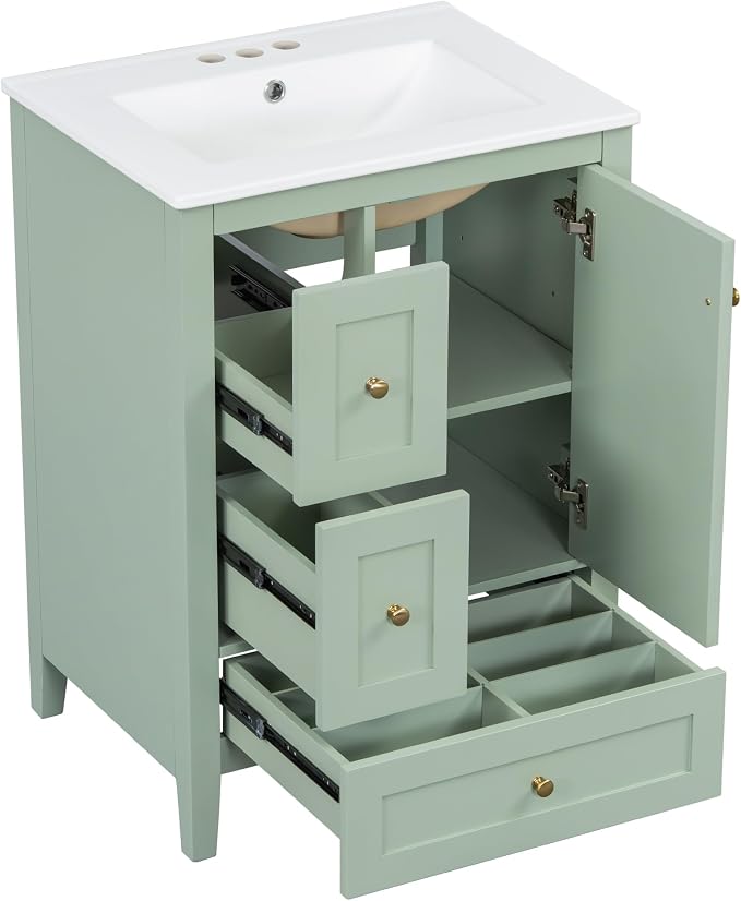 24" Bathroom Vanity with Ceramic Sink,Undermount Single Basin Bath Vanity Set w/3 Drawers and Adjustable Shelf,Modern Freestanding Storage Cabinet,MDF & Rubberwood,Green