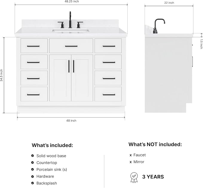 Isabella 48-Inch Bathroom Vanity with Sink — White Single Sink Bathroom Vanity, 1.5" Edge Carrara Quartz Countertop, Solid Wood, 2 Soft-Close Doors, 8 Dovetail Drawers + Tilt Drawer
