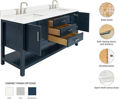 ARIEL Magnolia 72-inch Bathroom Vanity with Sink,Solid Wood, 1.5-inch Carrara White Quartz Countertop, Double Rectangular Porcelain Sink, 4 Soft Closing Doors, 3 Dovetail Drawers, Midnight Blue