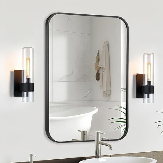 Black Bathroom Mirror, 24x32 Inch Matte Black Mirror, Aluminum Alloy Framed Vanity Mirror, Rounded Rectangle Bathroom Mirror for Over Sink, Anti-Rust Wall Mirror (Horizontally or Vertically)