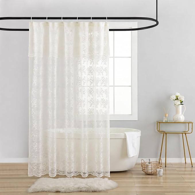 TUDECO Ivory Lace Stall Shower Curtains for Narrow Bathroom, 36''W x 72''L | 36 Shower Curtain, Vintage Flora, Brightens Space, Gentle Privacy,Scalloped Edges, Attached Valance, Reinforced Holes