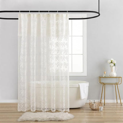 TUDECO Ivory Lace Stall Shower Curtains for Narrow Bathroom, 36''W x 72''L | 36 Shower Curtain, Vintage Flora, Brightens Space, Gentle Privacy,Scalloped Edges, Attached Valance, Reinforced Holes