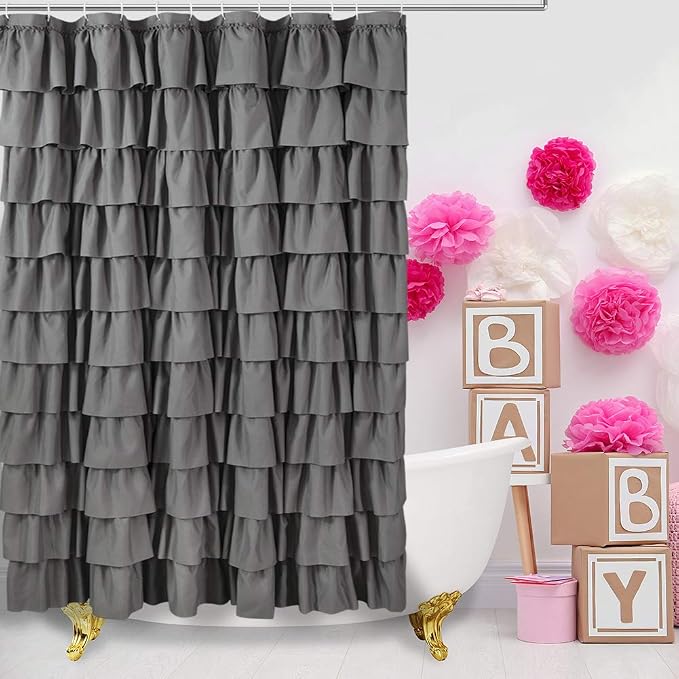 Gray Ruffle Shower Curtain for Bathroom, 72 x 84, Machine Washable Fabric | Handcrafted Ruched Ruffles, Extra-Long 72x84, Soft Brushed Microfiber, Full Coverage Fit, 12 Hooks Included, Easy Hanging