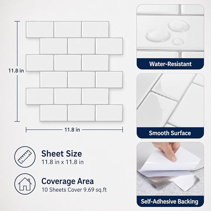Peel and Stick Backsplash for Kitchen, White | 10 pack self‑adhesive tiles for backsplash, bathroom, or accent wall. Easy DIY install and wipeable. Covers approx. 10 sq ft.