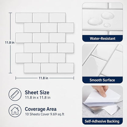 Peel and Stick Backsplash for Kitchen, White | 10 pack self‑adhesive tiles for backsplash, bathroom, or accent wall. Easy DIY install and wipeable. Covers approx. 10 sq ft.