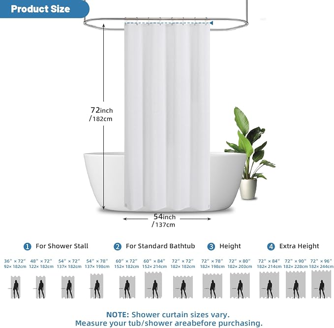 2-in-1 Waterproof Fabric Shower Curtain - No Separate Liner Needed, Hotel-Style Waffle Weave, Effortless Cleaning & Washable Bathroom Shower Curtain Set,54Wx72H,White