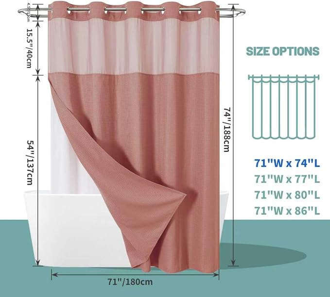 eachope No Hook Waffle Shower Curtain with Snap-in Liner, 71x74 Inch, Coral | 230 GSM waffle weave fabric, waterproof liner set with 2 bottom magnets, mesh top window, washable, for bathroom or hotel use