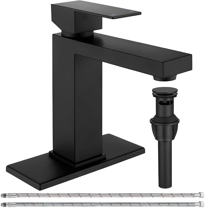 Matte Black Bathroom Faucet, Stainless Steel Single Handle Faucet with Pop Up Drain & Deck Plate, Fits 1 or 3 Hole Countertop, Single Hole Bathroom Installation, Ideal for Vanity & Lavatory Sinks