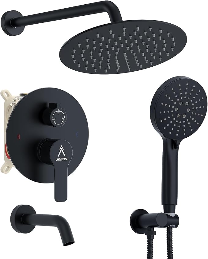 3 Functions Shower System，Modern Three-Setting 10-Inch Round Rain Shower Head and Faucet Set，Shower Faucet Set Complete Rough-in Valve and Trim Kit Included（Matte Black）
