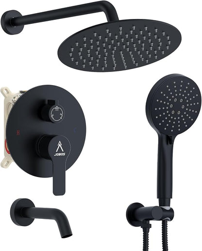 3 Functions Shower System，Modern Three-Setting 10-Inch Round Rain Shower Head and Faucet Set，Shower Faucet Set Complete Rough-in Valve and Trim Kit Included（Matte Black）