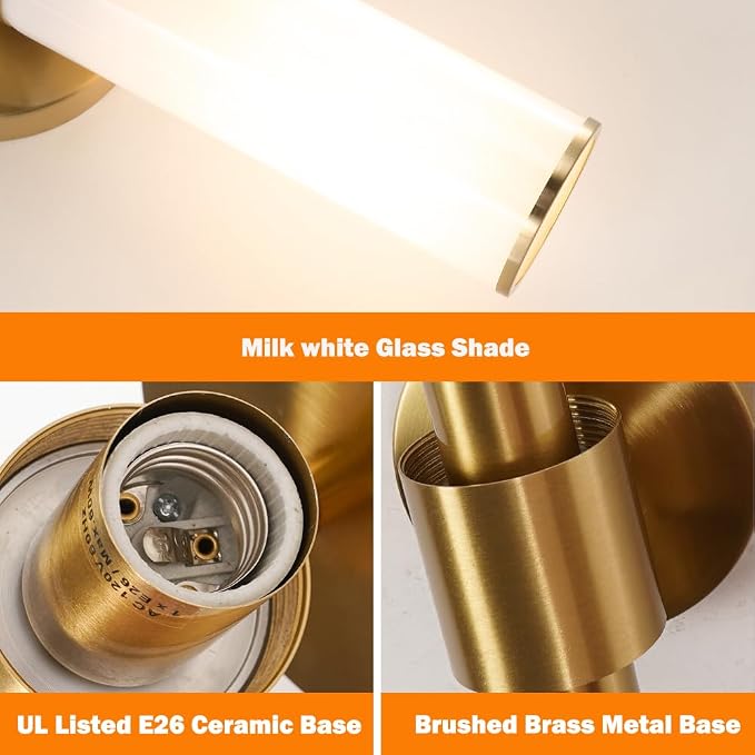 Brushed Gold Wall Sconces Set of 2 (Hardwired Only), Bathroom Vanity Light Fixtures, Modern Mikly White Glass Wall Lights for Mirror 28-40 inch Height, NOT Battery Operated, E26 Base (Without bulb)