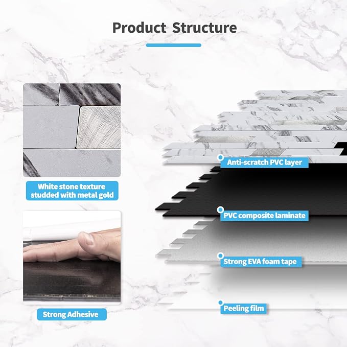 Art3d Faux Stone Peel & Stick Backsplash Tile, 10 pcs, Plain White Marble | PVC, Multi-Style Decor Sheets, Waterproof, Traceless Peel, No Wall Damage, Ideal for Kitchen