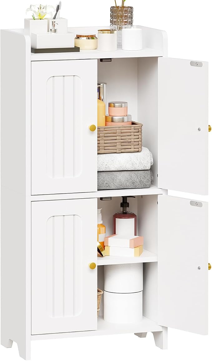 BEWISHOME Small Floor Cabinet,Toilet Paper Storage,Bathroom Storage Cabinet | with 4 Doors and Shelves, Bathroom Organizers and Storage for Small Spaces, White 7.9" D x 14.6" W x 31" H YYG11W