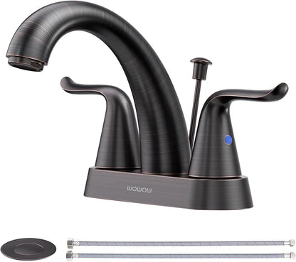 WOWOW Bathroom Faucet 4 inch Centerset Oiled Rubbed Bronze Bathroom Sink Faucet Lift Rod Drain Assembly Stainless Steel Faucets for Bathroom Faucet Retro Lavatory