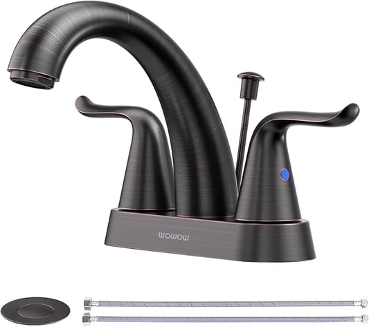 WOWOW Bathroom Faucet 4 inch Centerset Oiled Rubbed Bronze Bathroom Sink Faucet Lift Rod Drain Assembly Stainless Steel Faucets for Bathroom Faucet Retro Lavatory