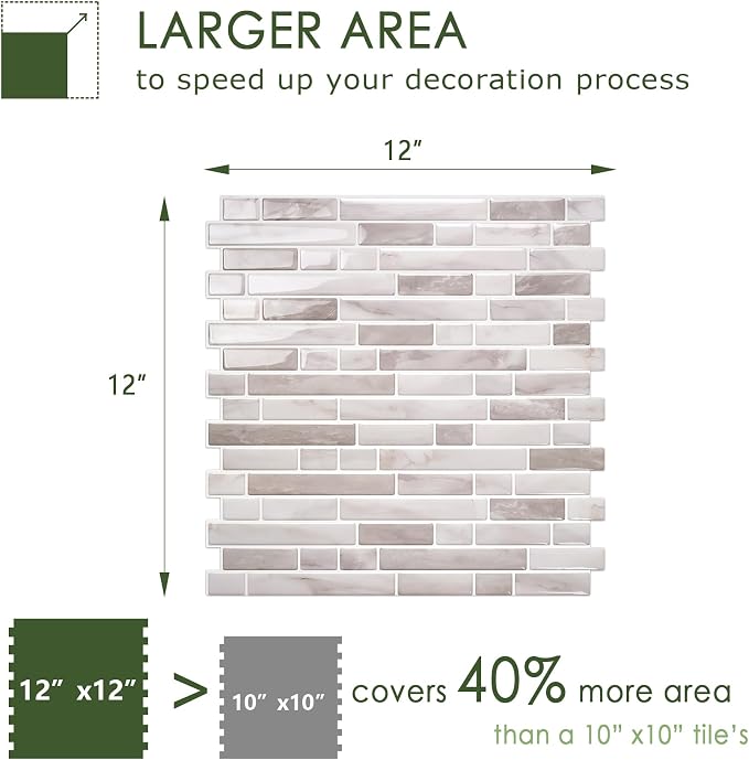 STICKGOO Thicker Peel and Stick Backsplash Tile for Kitchen and Bathroom | 10 Sheets of 12”×12” - 3D Vinyl Self Adhesive Wall Tiles Stick on Backsplash for Kitchen & Bathroom(Warm Greige)