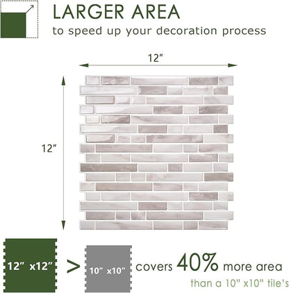 STICKGOO Thicker Peel and Stick Backsplash Tile for Kitchen and Bathroom | 10 Sheets of 12”×12” - 3D Vinyl Self Adhesive Wall Tiles Stick on Backsplash for Kitchen & Bathroom(Warm Greige)