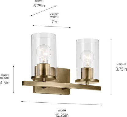 Kichler Crosby 15.25" 2-Light Vanity Light with Clear Glass in Natural Brass, for Bathroom, Powder Room, (15.25" x 8.75"), 45496NBRCLR