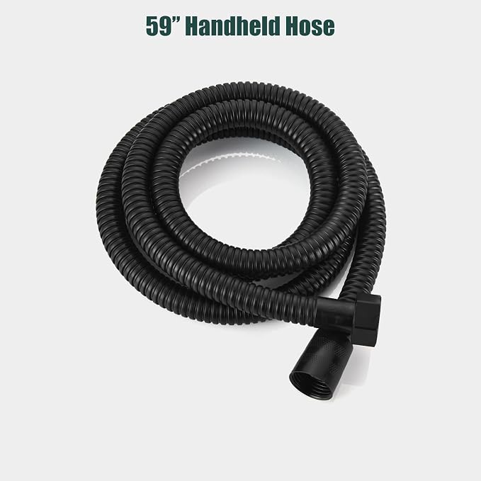 Heyalan SUS304 Handheld Shower Set with Hose & Wall Holder, Matte Black | SUS304 stainless steel wand, straight-style design, single rain spray, 59-inch long hose and standard 1/2-inch connection