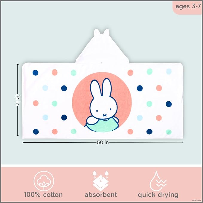 Miffy Kids Super Soft Bath/Pool/Beach Soft Cotton Terry Hooded Towel Wrap, 24 in x 50 in (Officially Licensed Product) By Franco