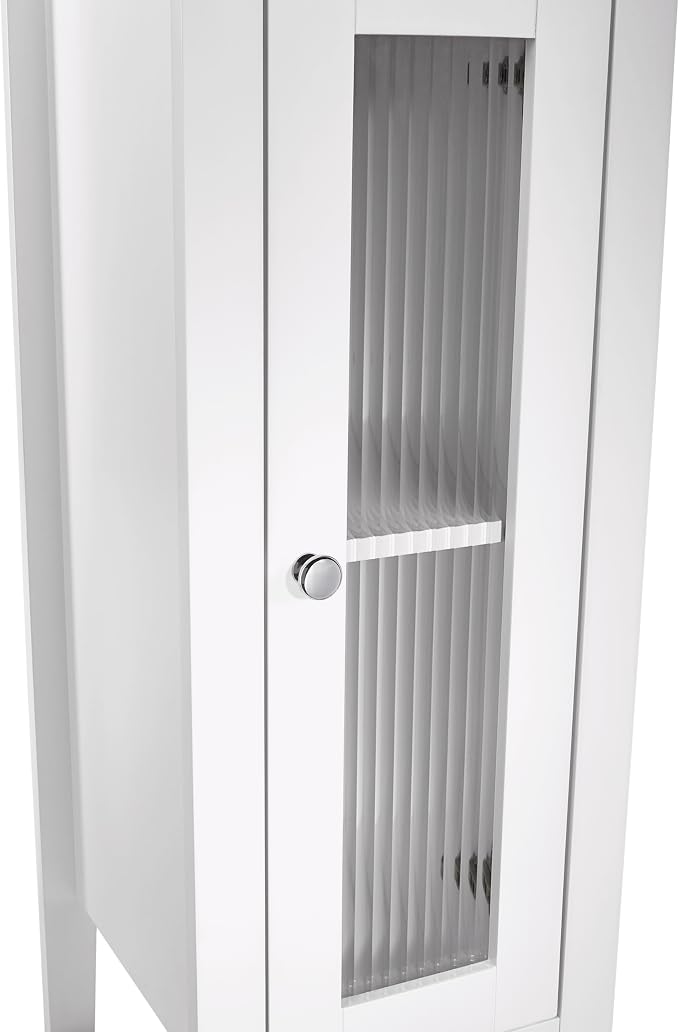 RiverRidge Prescott Slim Bathroom Linen Storage Cabinet, White | Versatile Narrow Organizer with Reeded Glass Door, Adjustable Shelves, Soft-Close Hinges