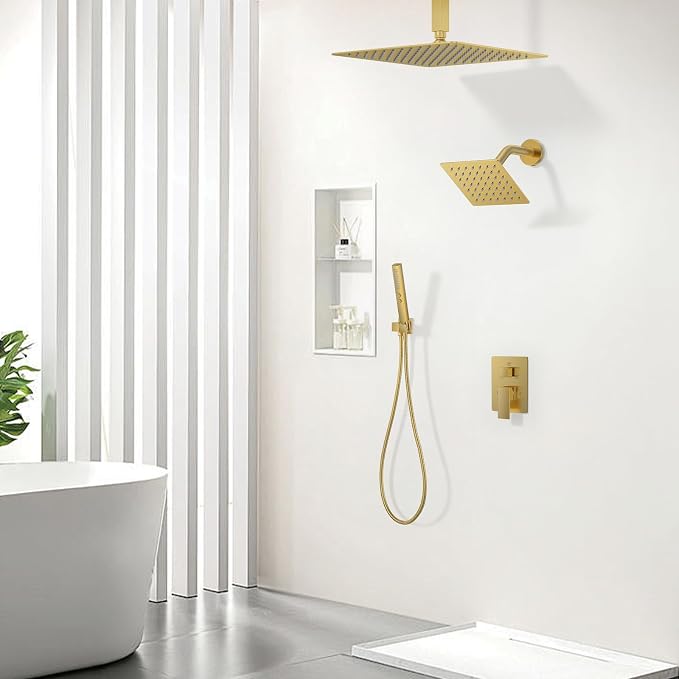Rain Shower System 12" & 6" Dual Shower Heads Ceiling Shower Faucet Set | Ideal for bathroom remodels and upgrades with 12" rain shower, 6" angled shower, handheld spray and complete valve kit.