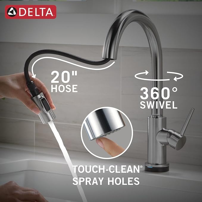 Delta Faucet Trinsic Touch Kitchen Faucet with Touchless Technology, Kitchen Faucet with Pull Down Sprayer, Brushed Nickel Kitchen Faucet, Touchless Kitchen Faucet, Arctic Stainless 9159TL-AR-DST