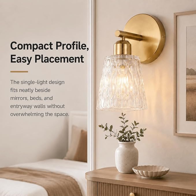 Brushed Gold Bathroom Wall Sconce, 1-Light Stainless Steel Vanity Light Over Mirror with Textured Glass Shade, Modern E26 Fixture for Bathroom Lighting (Bulb Not Included)