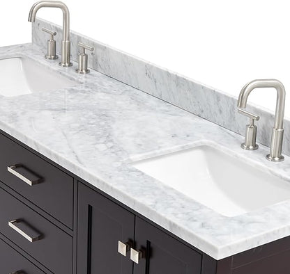 ARIEL Cambridge 66-inch Bathroom Vanity with Sink,Solid Wood, 0.75-inch Italian Carrara Marble Countertop, Double Rectangular Porcelain Sink, 4 Soft Closing Doors, 6 Dovetail Drawers, Espresso
