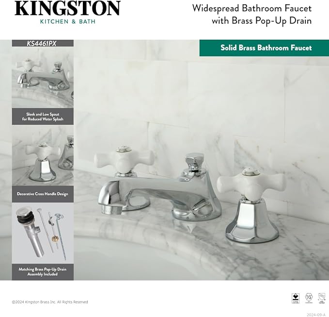 Kingston Brass KS4461PX Metropolitan Widespread Lavatory Faucet with Porcelain Cross Handle, Polished Chrome,8-Inch Adjustable Center