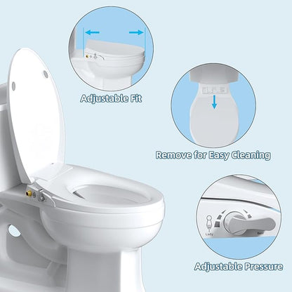 Hibbent Elongated Bidet Toilet Seat with Slow Close, Non-Electric Bidet Attachment for Toilet Seat with Dual Nozzle, Bidet Sprayer with Adjustable Self-Cleaning Nozzles, Brass T Adapter